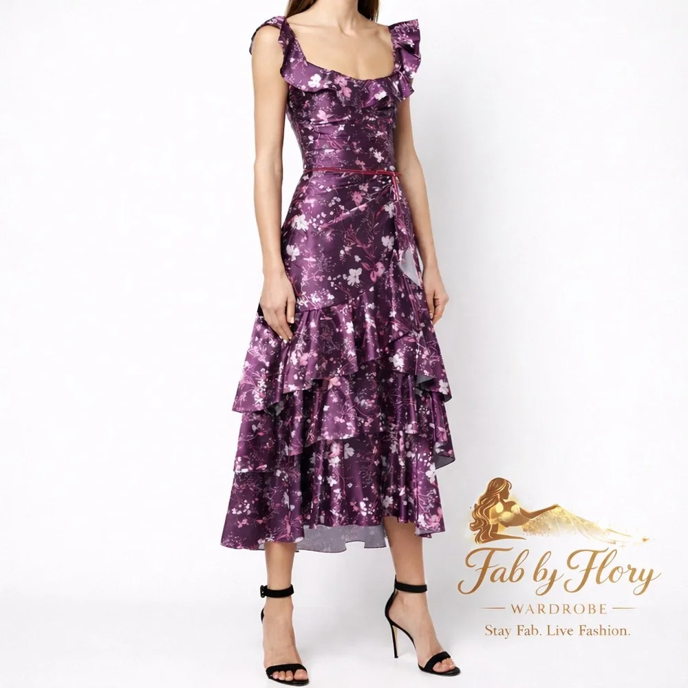 Marchesa Notte floral draped charmeuse tiered ruffle-trim dress - Picture 1 of 9